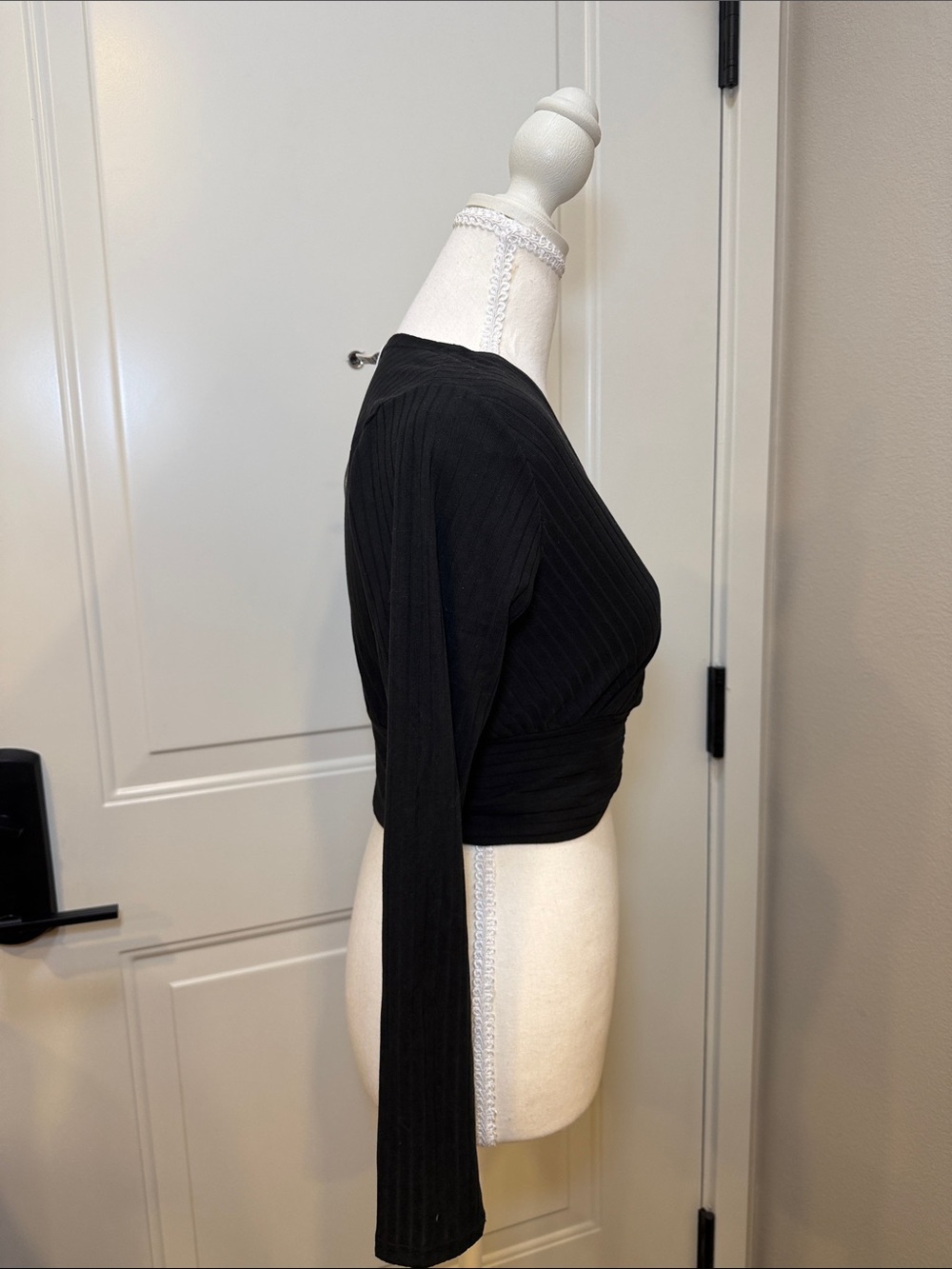 Black Ribbed Wrap-Front Crop Top - Picture 3 of 6